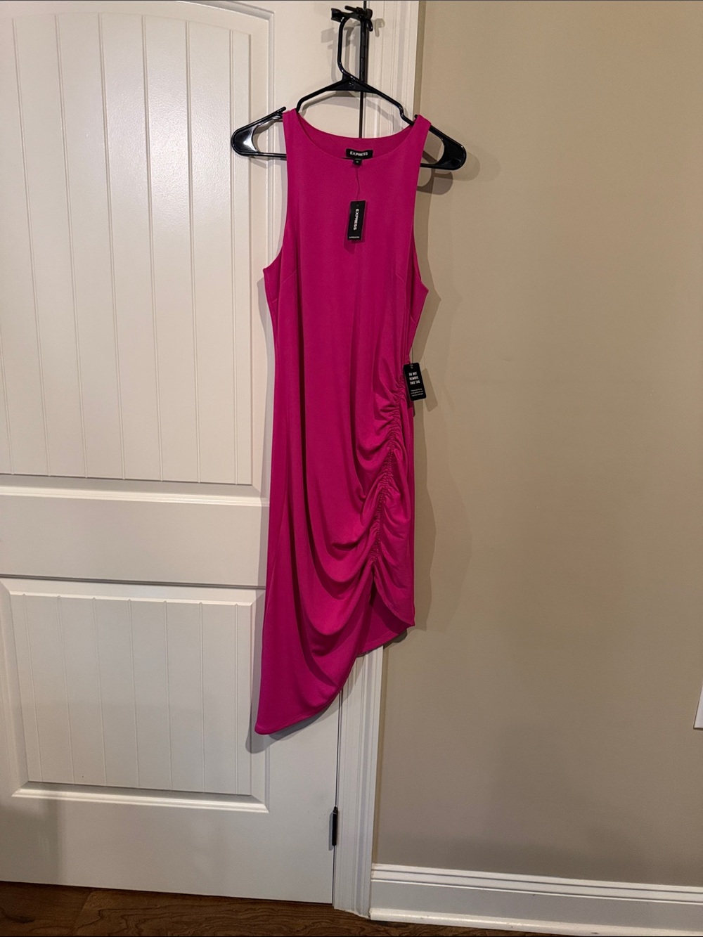 Express Hot Pink Asymmetrical Ruched Dress